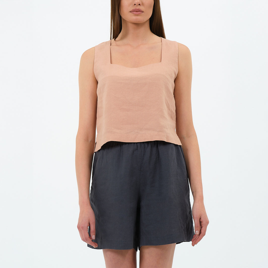 %100 Keten Kare Yaka Bluz