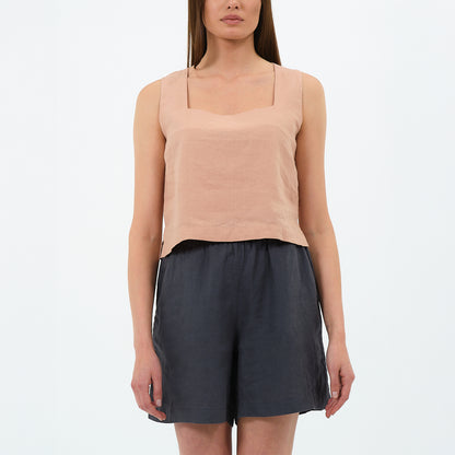 %100 Keten Kare Yaka Bluz