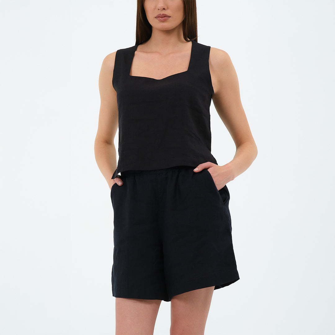 %100 Keten Kare Yaka Bluz