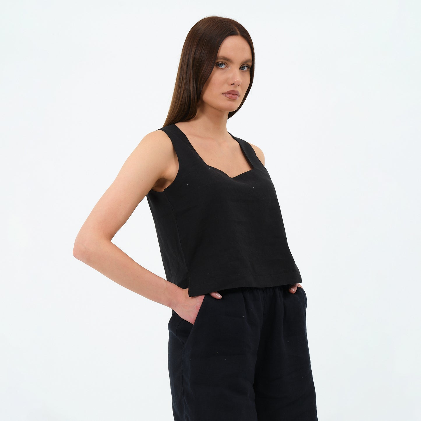 %100 Keten Kare Yaka Bluz