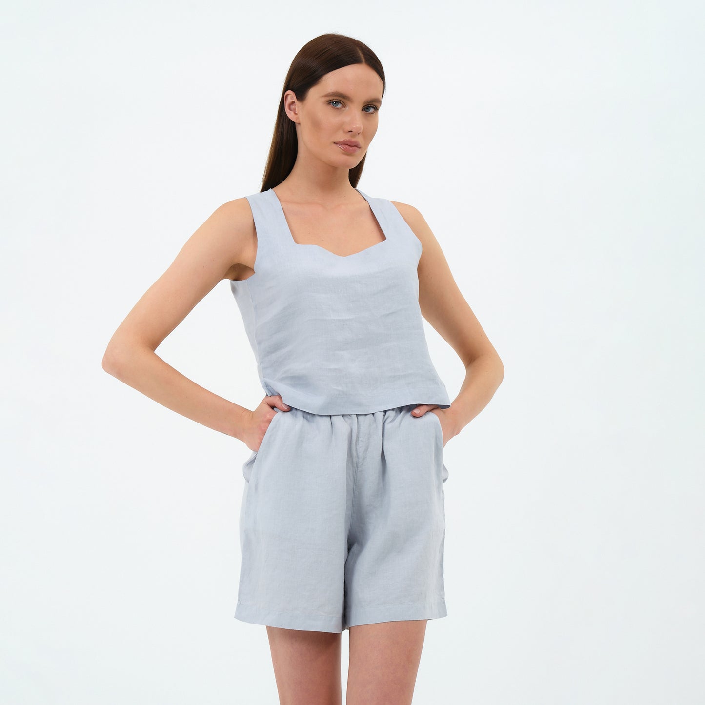 %100 Keten Kare Yaka Bluz