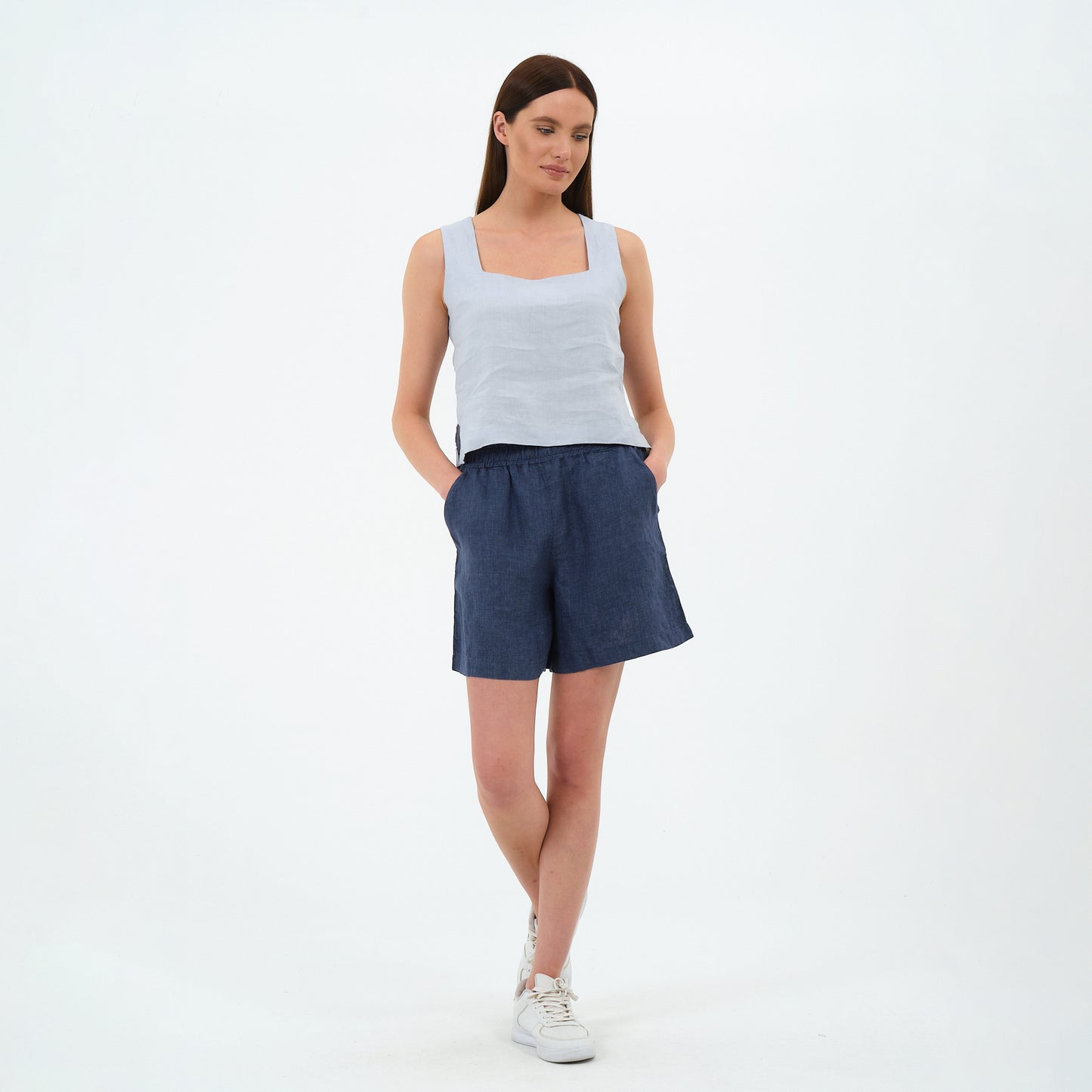 %100 Keten Kare Yaka Bluz