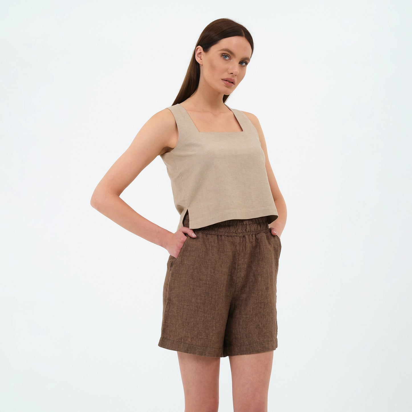 %100 Keten Kare Yaka Bluz