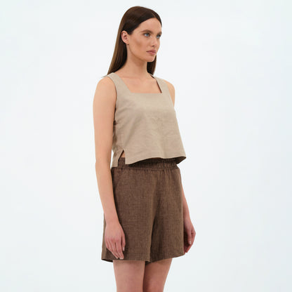 %100 Keten Kare Yaka Bluz