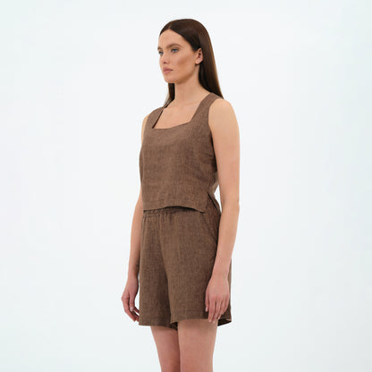 %100 Keten Kare Yaka Bluz