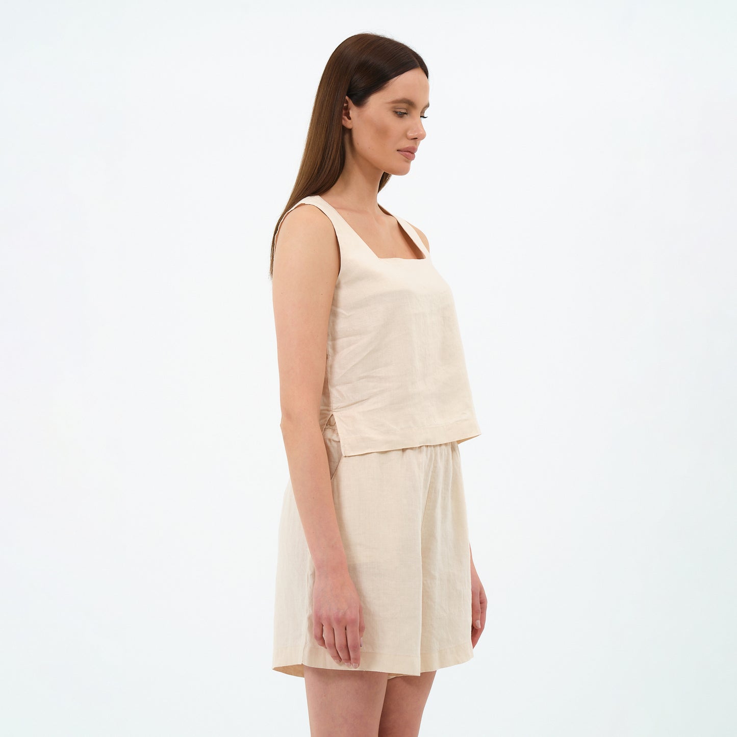 %100 Keten Kare Yaka Bluz