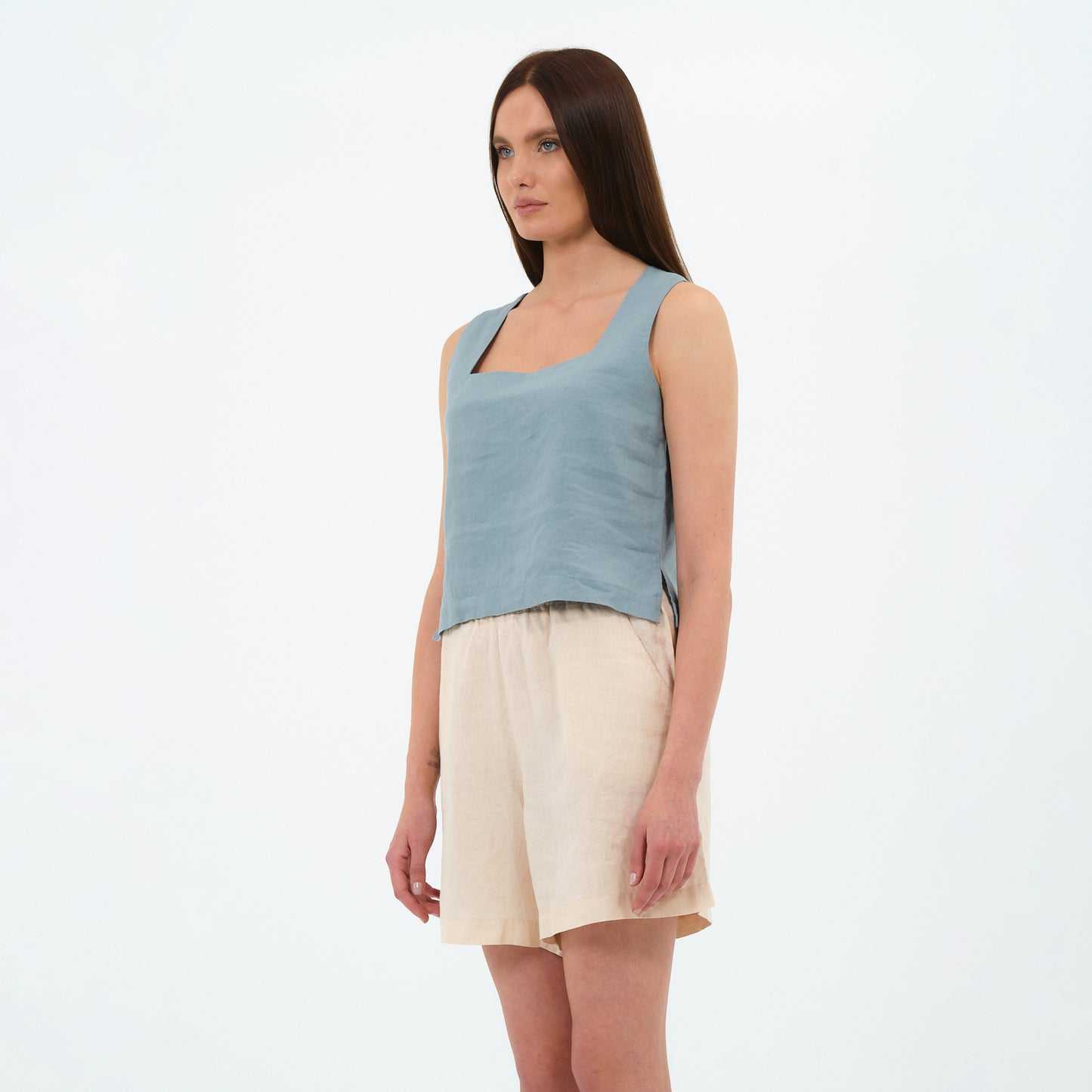 %100 Keten Kare Yaka Bluz