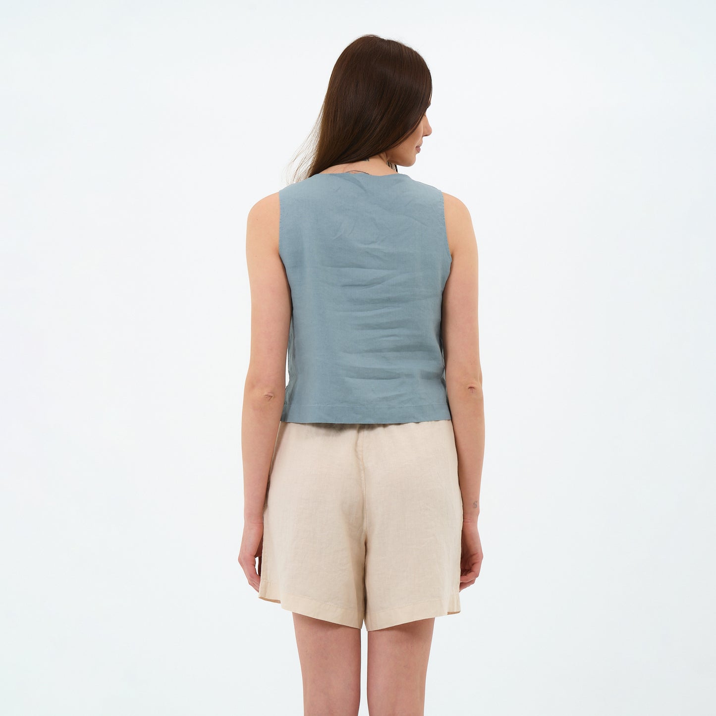 %100 Keten Kare Yaka Bluz