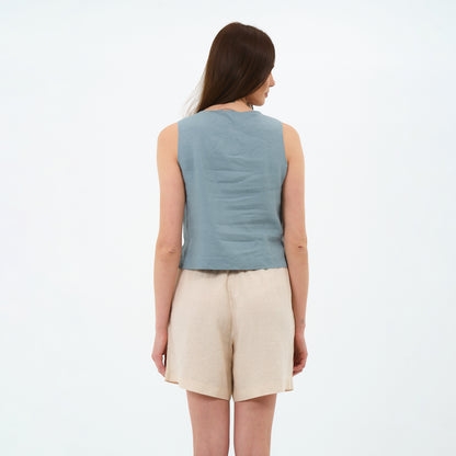 %100 Keten Kare Yaka Bluz