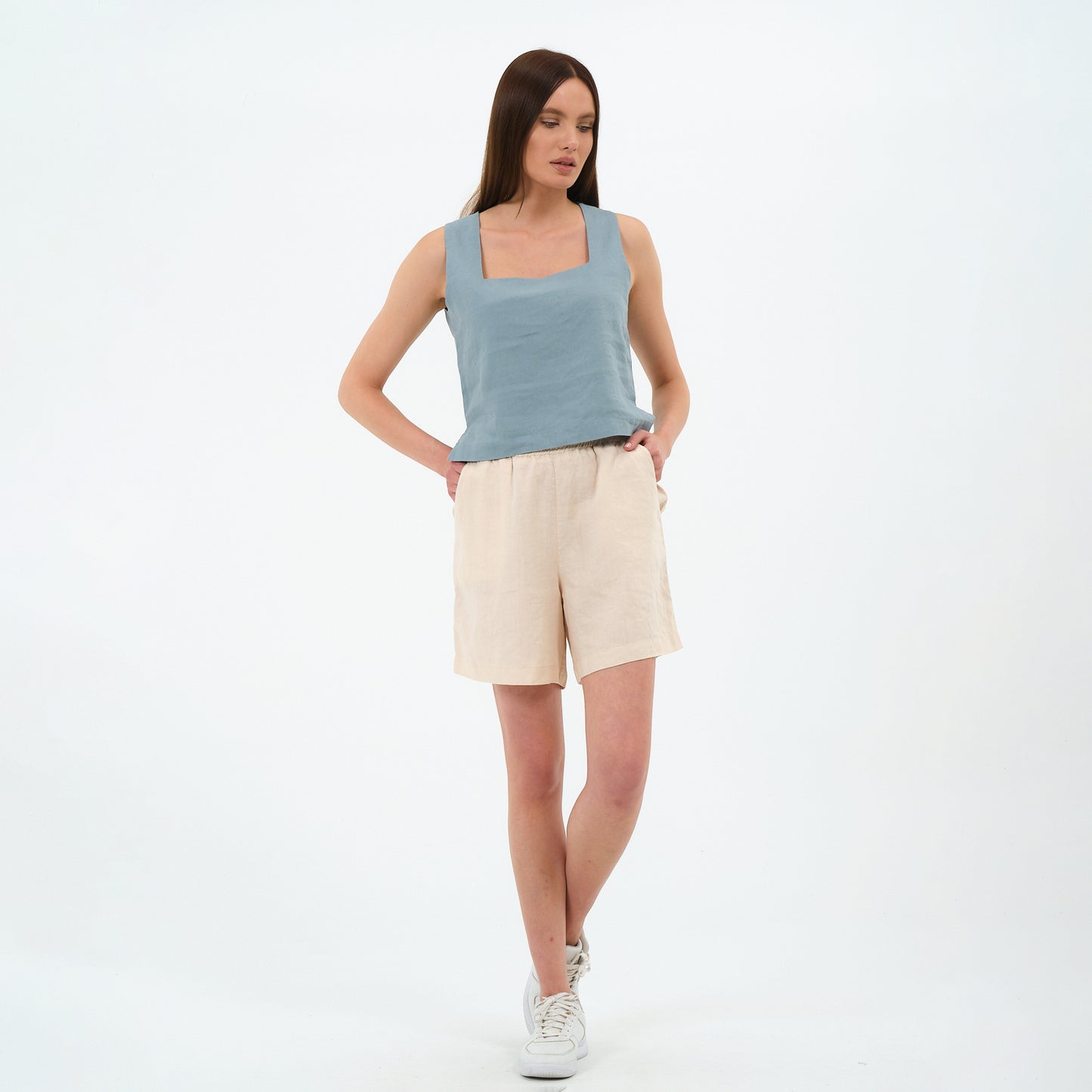 %100 Keten Kare Yaka Bluz