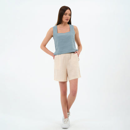 %100 Keten Kare Yaka Bluz