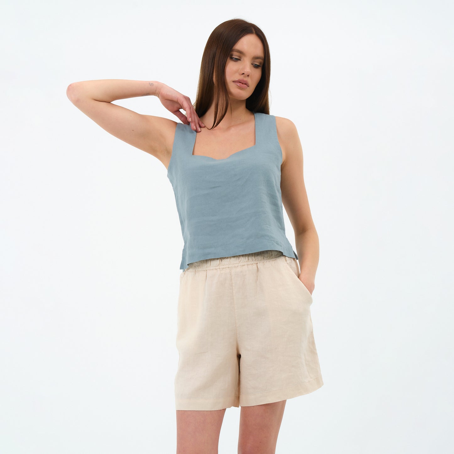 %100 Keten Kare Yaka Bluz