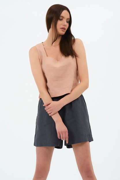 %100 Keten Kare Yaka Bluz