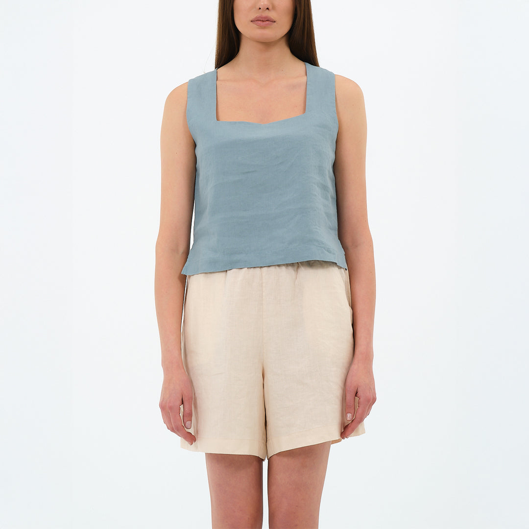 %100 Keten Kare Yaka Bluz