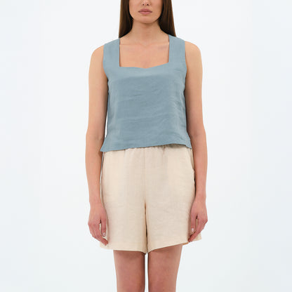 %100 Keten Kare Yaka Bluz