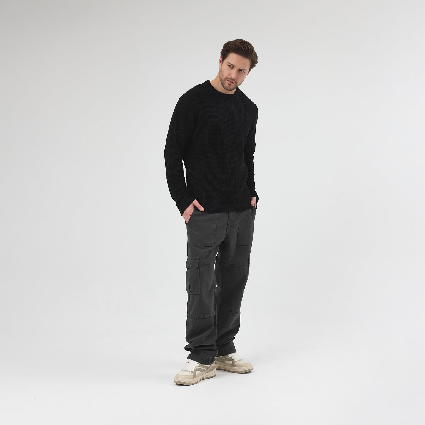 Waffle Dokulu Bisiklet Yaka Kazak